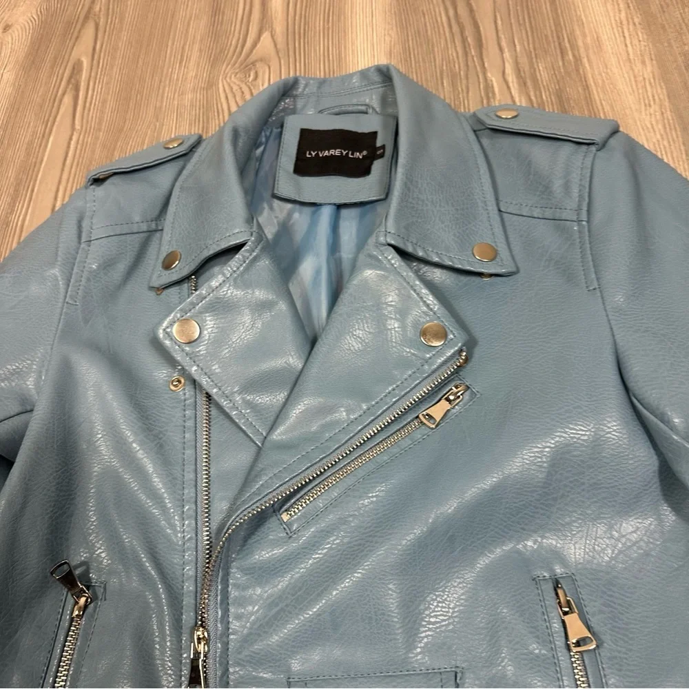 Ly Varey Lin Light Blue Faux Leather Moto Jacket with‎ Belt Women’s Small